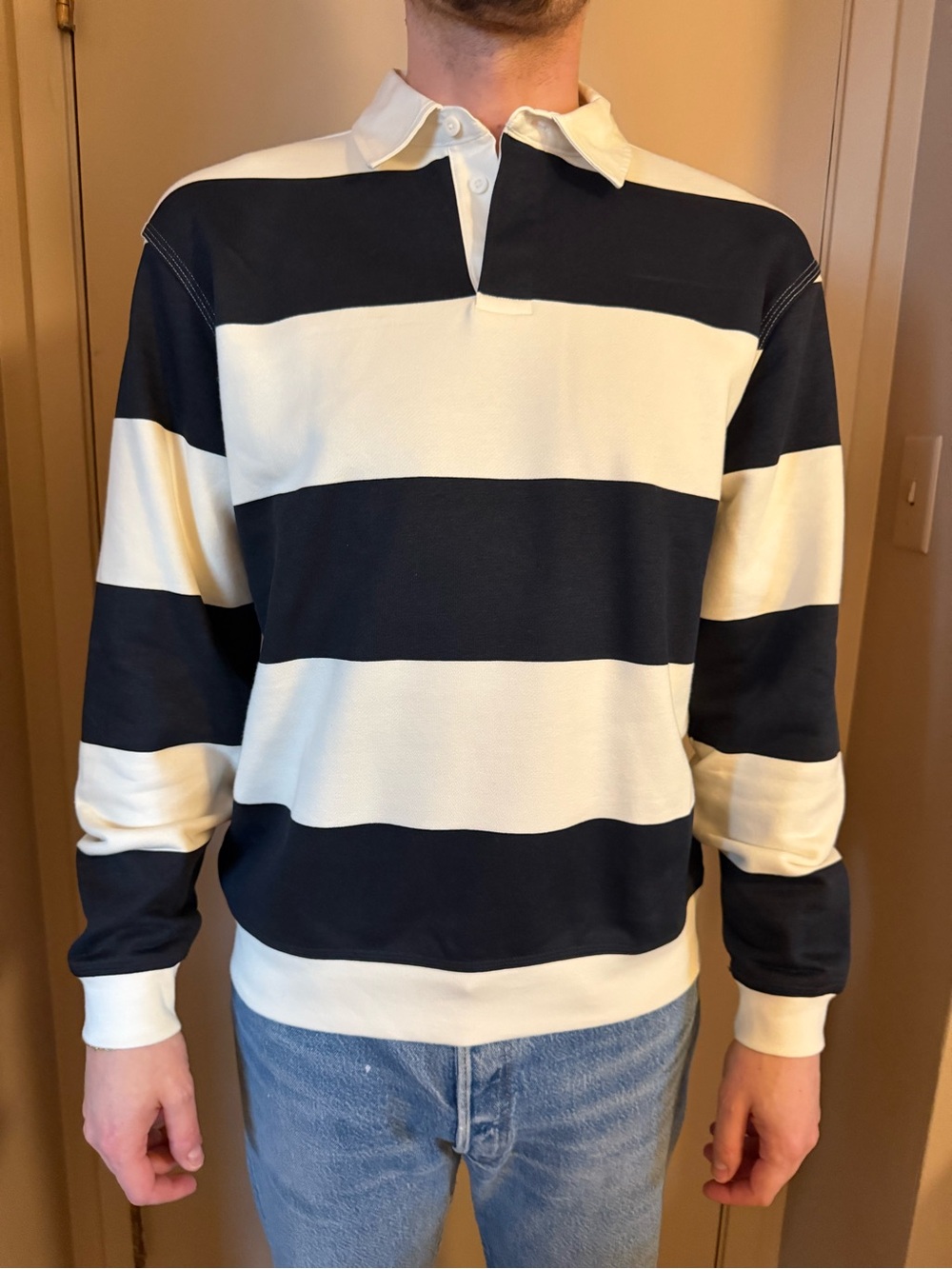 Zara Cream and Navy Striped Rugby-Style Shirt
